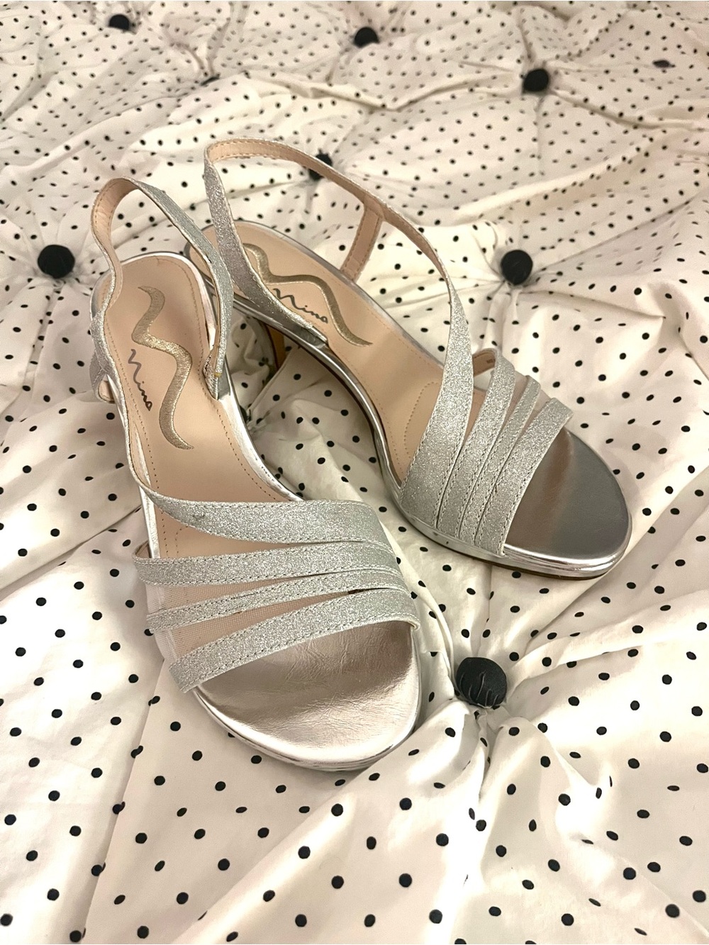 Nina “Nelda” Glitter Silver Slingback Stilettos Women’s 7